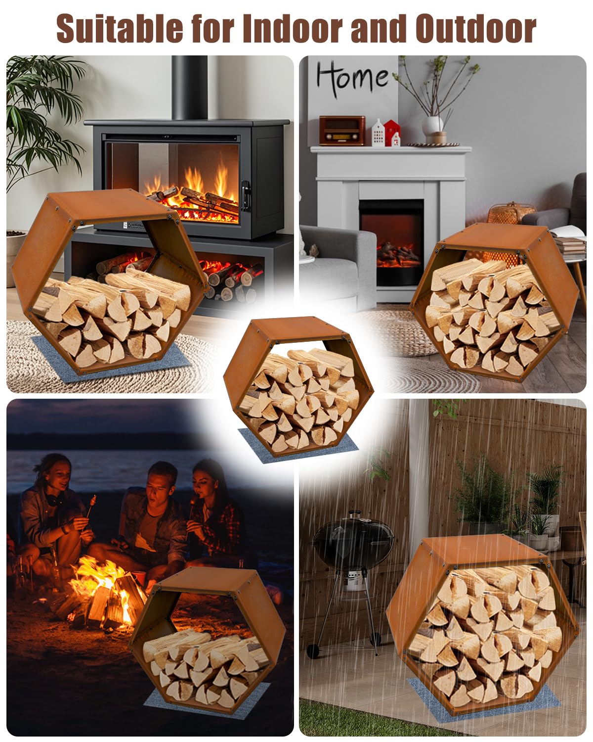 RUIJIU Firewood Log Rack Heavy-Duty, Corten Steel Firewood Rack with Hexagon Design, Fire Log Stacker for Wood Storage, Wood Holder for Outdoor Indoor