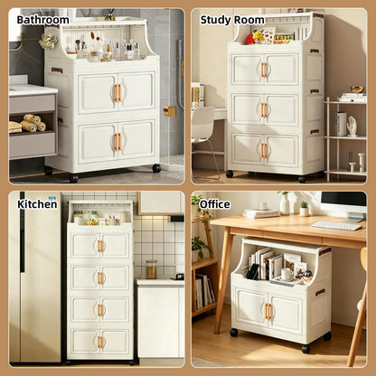 260QT Stackable Storage Bins with Lids & Rack, 6 Tier Large Capacity Foldable Storage Cabinet, Clear Collapsible Pantry Organizer for Home, Kitchen, Bathroom, Dorm, Office, White