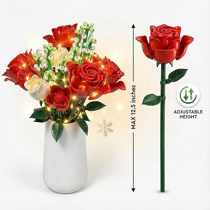 WISEPLAY Rose Bouquet Flower Building Set – 697 PCS for Women DIY Red &amp White Rose Flower Building Blocks Creative for Adults &amp Teens