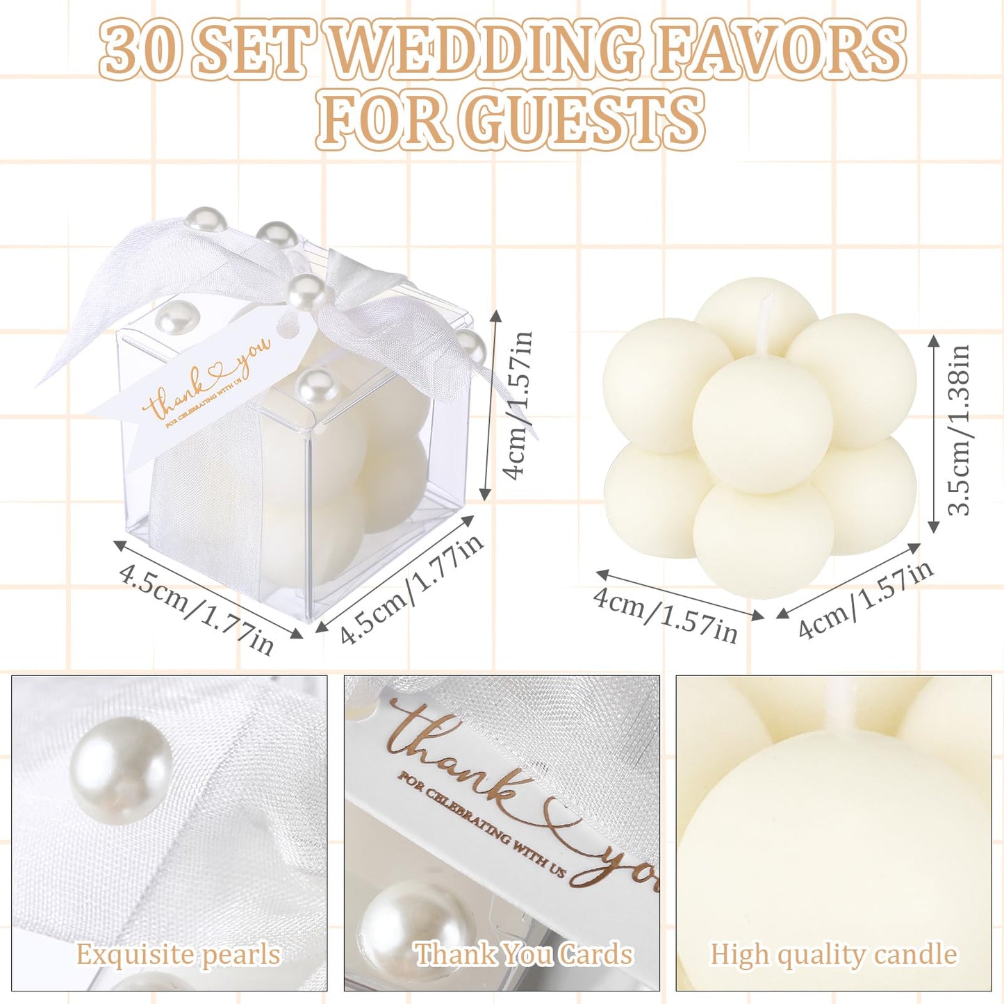 Nuanchu 30 Sets Bridal Shower Favors White 1.6" Mini Bubble Candles Wedding Favors Gifts for Guests Aesthetic Bubble Candles Baby Shower Favor with Thank You Card Ribbon for DIY Baptism Gift