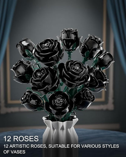 Black Roses Flowers Building Sets Artificial Bouquet Botanical Collection Building Blocks for Adults Gothic Home Decor Christmas Birthday Gift for Adults Women Girls Age 8-12 (512Pcs)
