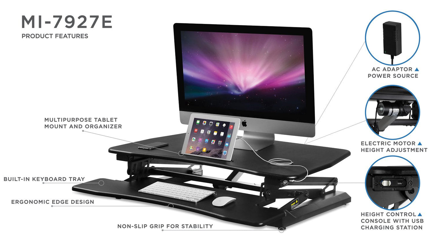 Mount-It! Electric Standing Desk Converter 35.4" Quick Sit Stand Desk Riser, Computer Workstation Motorized Easy Convertor with Built-in USB Charging Port, Ergonomic Height Adjustable in Black