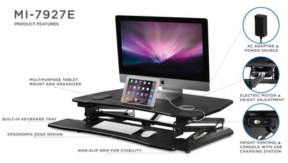 Mount-It! Electric Standing Desk Converter 35.4" Quick Sit Stand Desk Riser, Computer Workstation Motorized Easy Convertor with Built-in USB Charging Port, Ergonomic Height Adjustable in Black