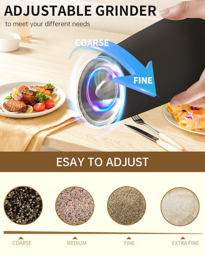 CIRCLE JOY Rechargeable Electric Salt and Pepper Grinder Set Gravity Salt and Pepper Mills Set with LED Light, No Battery Needed, Adjustable Coarseness, Washable 135ml Container, Black