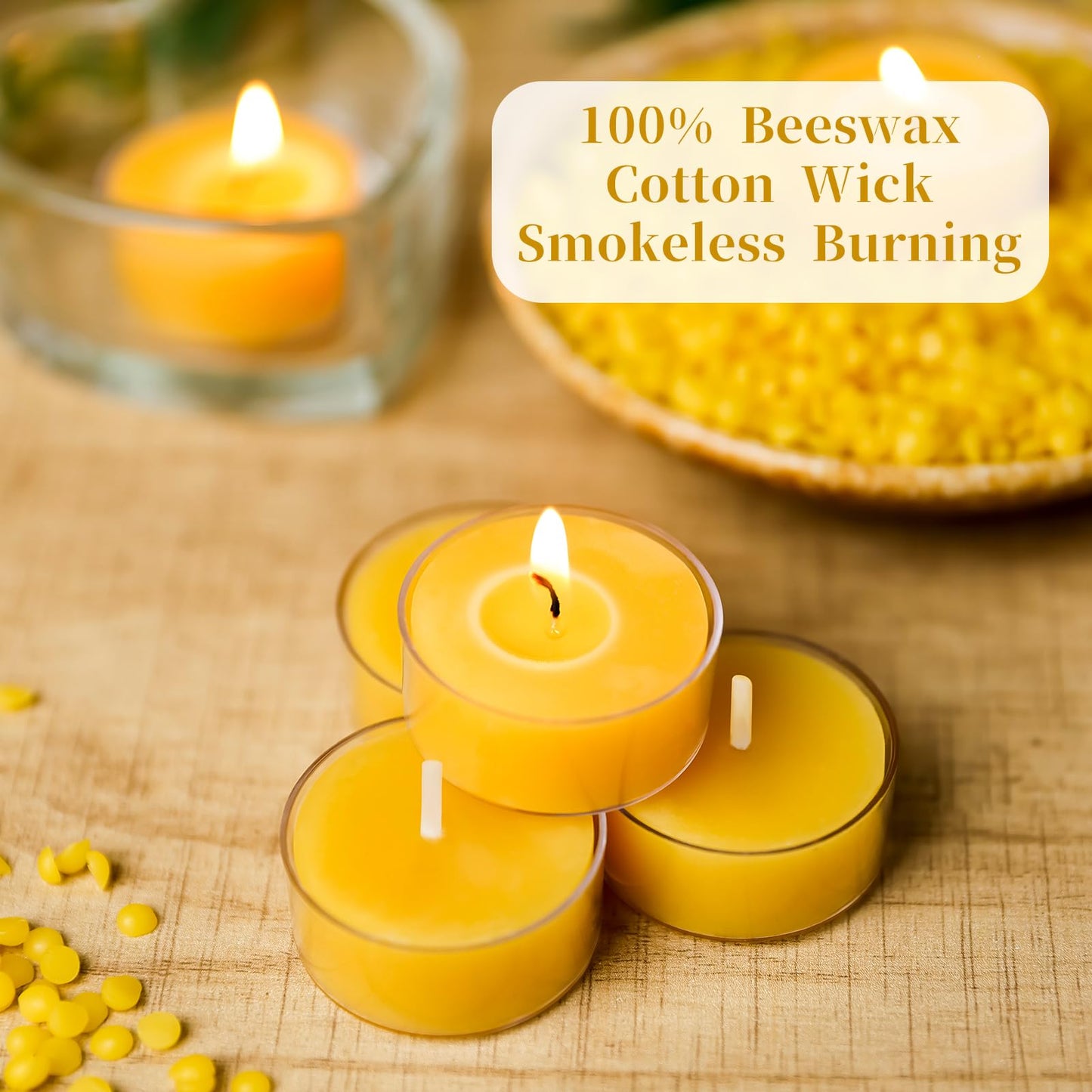 50 Packs Beeswax Tealight Candles Bulk,4 Hours 100% Pure Beeswax Tea Lights Candle in Clear Cup,Natural Scent Bees Wax Candles Small Smokeless Clean Burning Perfect for Home Decor for Party Christmas