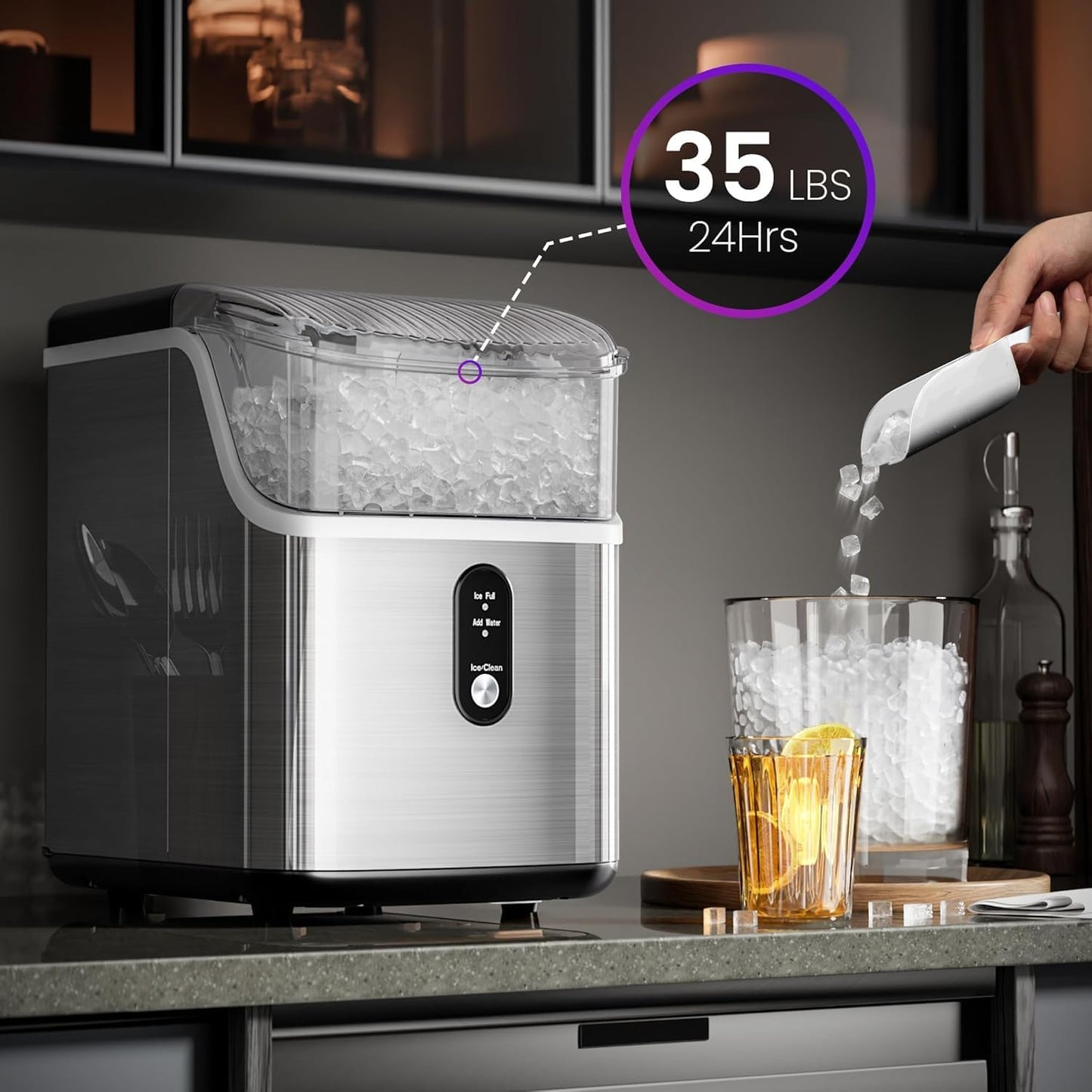 Nugget Countertop Ice Maker, Self-Cleaning Portable Ice Maker Machine, Crushed Ice Maker Countertop with Self-Cleaning Function/Ice Basket/Ice Scoop for Home & Kitchen & Office(Sliver)