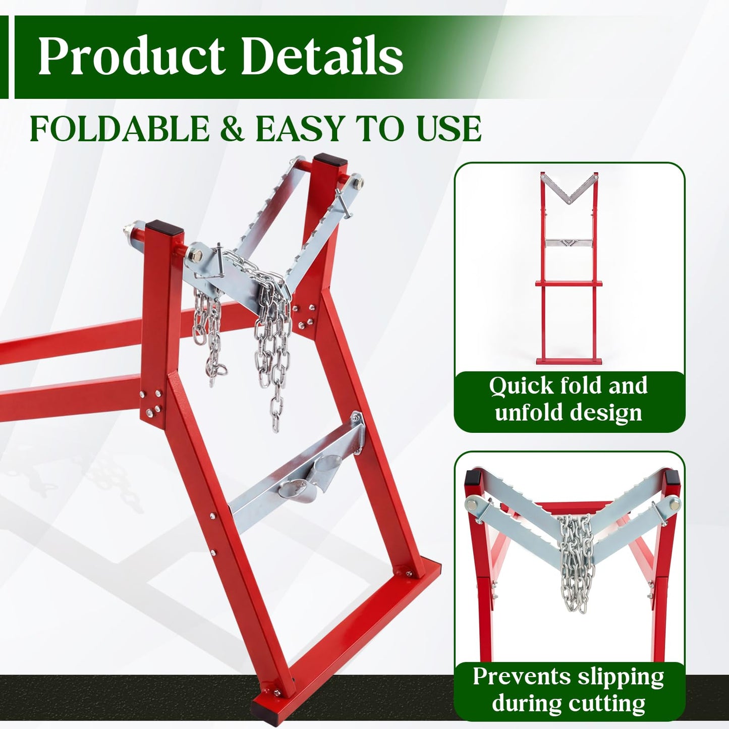 Moxweyeni Heavy Duty Steel Log Holder for Cutting Firewood, Folding Chainsaw Sawhorse Stand with Locking Chain & Safety Gloves, Log Cutting Stand for Woodworking, Fits Logs up to 13" Diameter