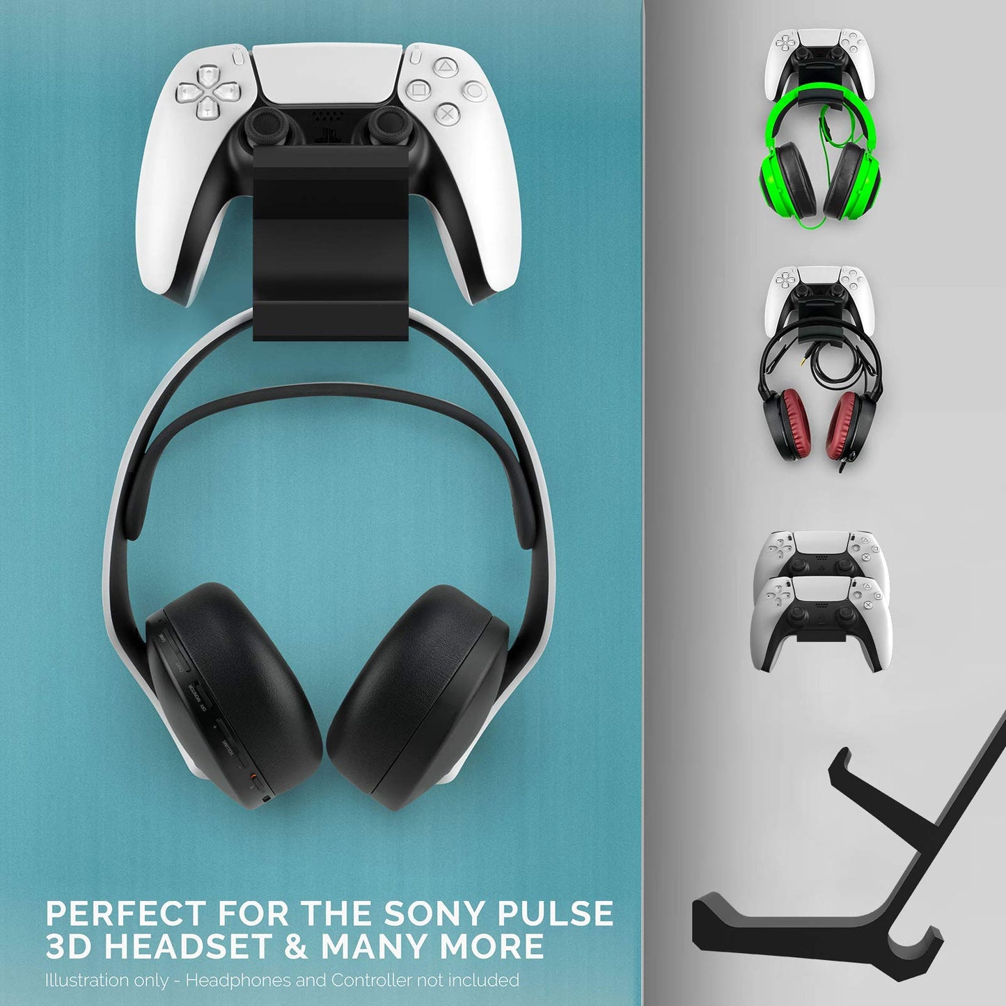 Linkidea Gaming Headset & Controller Holder, Dual Gamepad Controller & Headphone Hanger for PS5, PS4, Xbox One, Xbox 360, Pulse 3D Headset, Wall Mount Stand Universal Headsets (Black)