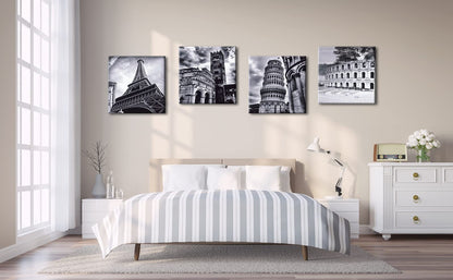 Wieco Art Architectures Modern 4 Panels Giclee Canvas Prints Europe Buildings Black and White Landscape Pictures Paintings on Canvas Wall Art Ready to Hang for Bedroom Home Office Decorations