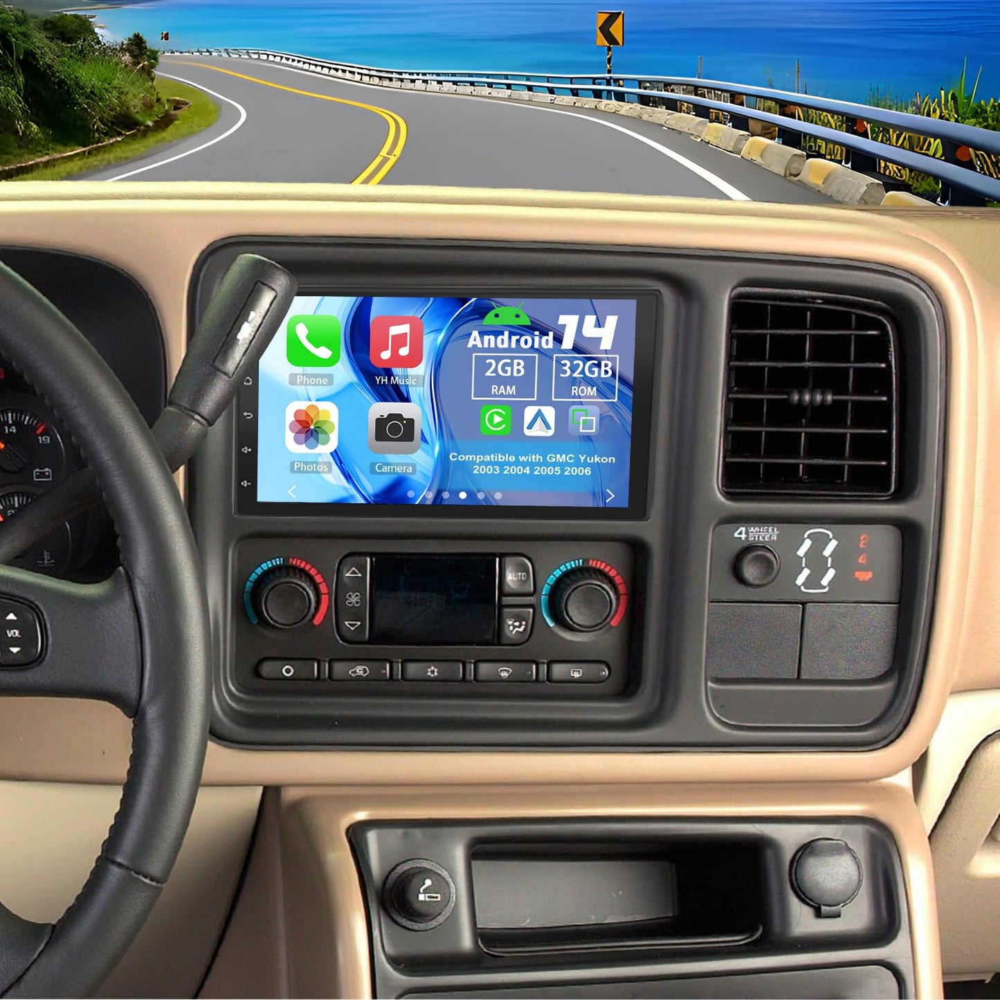 Slakerbe Android 14 Double Din Car Stereo Radio for GMC Yukon 2003-2006, 2G+32G 7" Touchscreen Car Radio w/Wireless Carplay Android Auto GPS WiFi Bluetooth RDS DSP SWC Mic Backup Camera