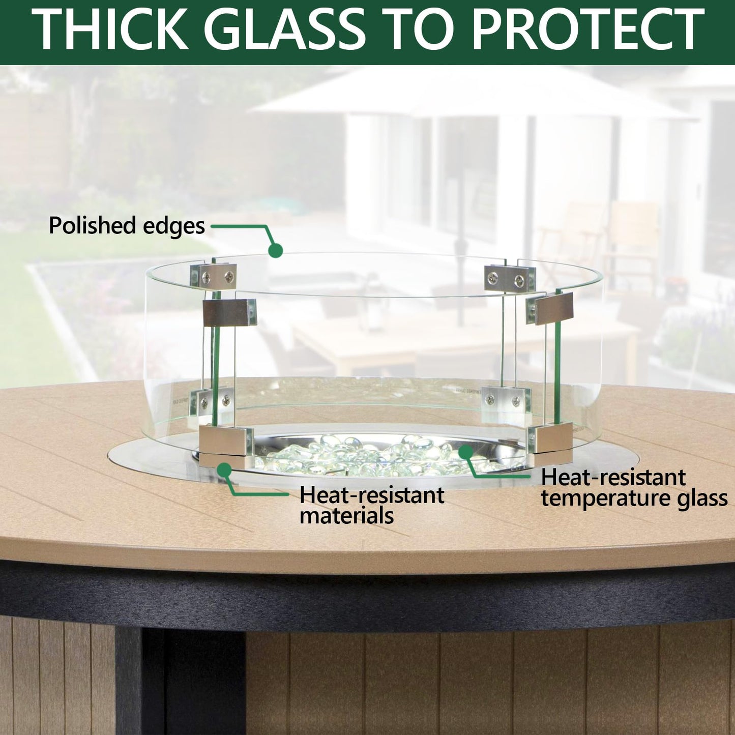 vchin Fire Pit Wind Guard, 23" Glass Wind Guard for Fire Pit Round Table, Made of Clear Tempered Glass Set with Assembly Instructions