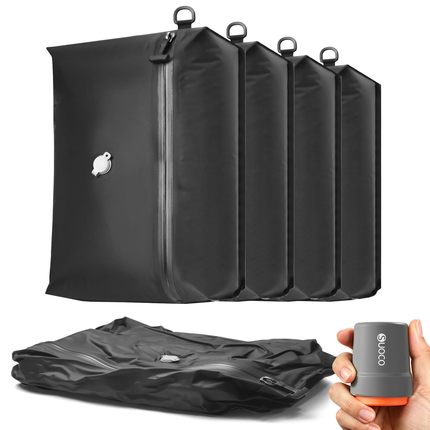 SUOCO Travel Pack Vacuum Kit, Vacuum Seal Bags for Clothing Travel with Cordless Pump, Carry-on Size Compression Packing Cubes for Luggage Suitcase Backpack, 4 Small