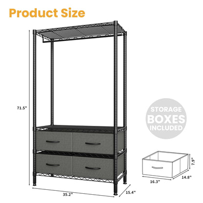 GarveeHome Portable Clothes Rack, Freestanding Garment Rack with 4 Fabric Drawers and Detachable Hang Rod, Metal Adjustable Closet Wire Clothing Racks, 35.4" Lx15.7 Wx71 H. Gray