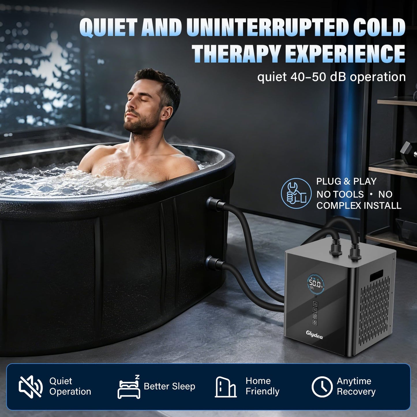 Ice Bath Chiller for Cold Plunge Tubs, 1/3HP 330W Glydea Cold Plunge Water Chiller with Built-in Ozone Function, 24/7 Water Flow, Dual Filtration, Upgraded Hose and Pump, Large LED Color Display