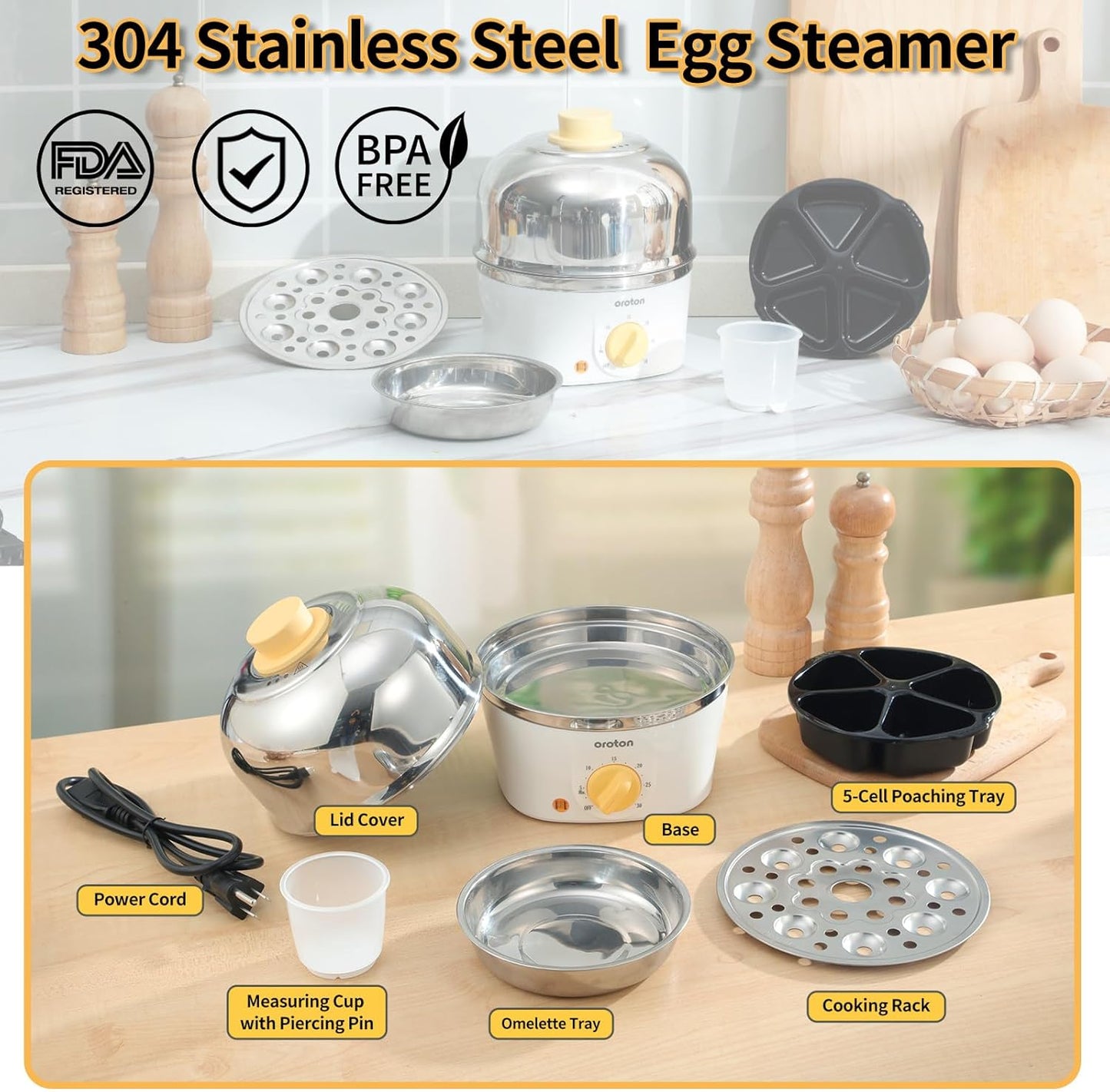Oroton 9-Egg Stainless Steel Egg Cooker - Automatic Timer, 3 Cooking Modes & Shut-Off Feature