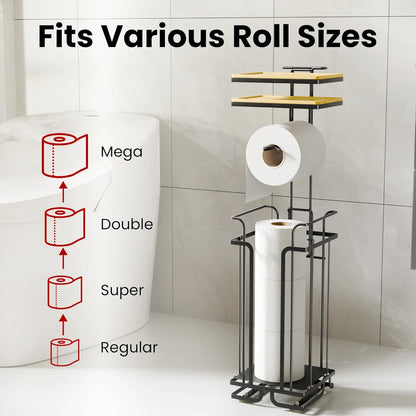 Skiennix Free Standing Toilet Paper Holder - Rustproof Metal Stand with Shelf for 4 Rolls | Black