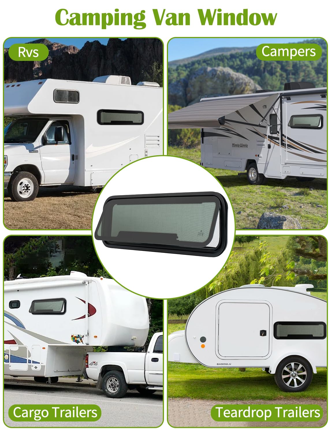 33.5"x10.5" RV Awning Window - DOT Certified, Aluminum Frame w/Removable Screen, Sliding Ventilation Design for Campers & Motorhomes