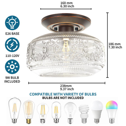 KnLnny Ware Flush Mount Ceiling Light, Oil Rubbed Bronze, Glass Shade, 9W Bulb Included, 9 Inch, for Hallway, Porch, Kitchen, Bedroom