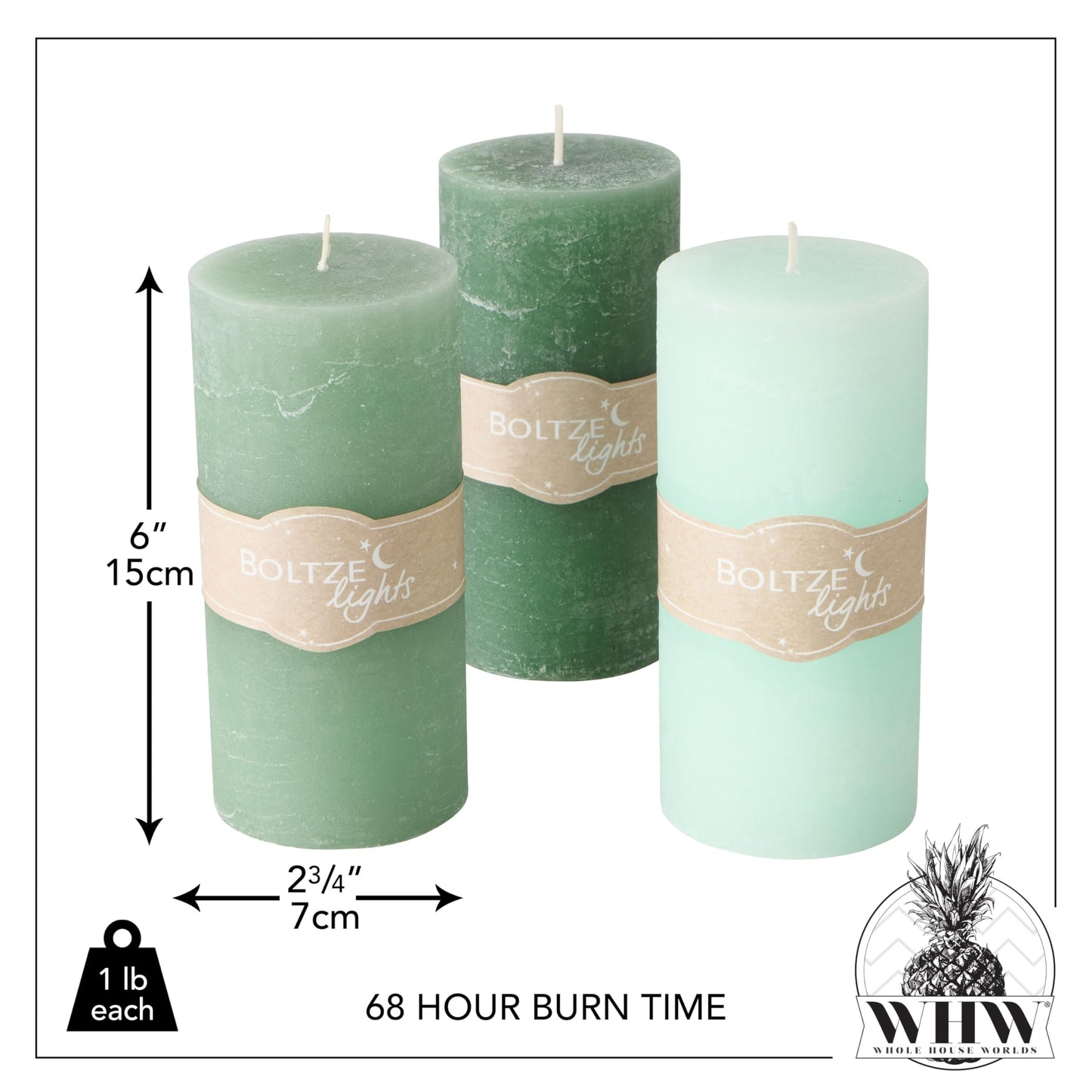 WHW Whole House Worlds 3 Pillar Candle Set, Paraffin Wax, 68 Hours Burn Time, Cotton Wick, 6 Inches, Neutral Shades of Marbled Sage Green, Pale Celadon,Pastel Green