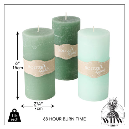 WHW Whole House Worlds 3 Pillar Candle Set, Paraffin Wax, 68 Hours Burn Time, Cotton Wick, 6 Inches, Neutral Shades of Marbled Sage Green, Pale Celadon,Pastel Green