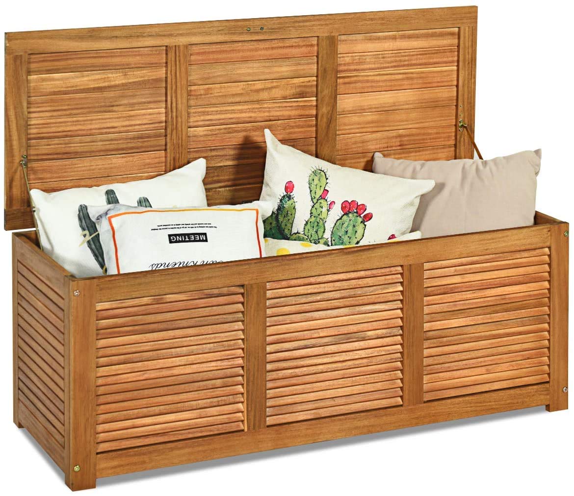 LDAILY Moccha Garden Backyard Storage Bench, Large Acacia Wood Deck Box, Outdoor Storage Container for Patio Furniture Cushions and Gardening Tools