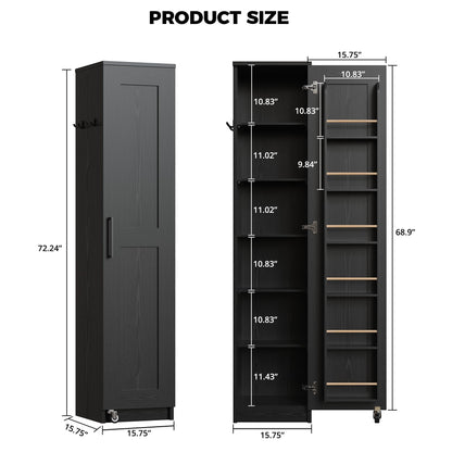 IRONCK Narrow Kitchen Pantry Storage Cabinet, 72" Slim Single Door with 6 Adjustable Shelves, Door Rack and Wheels, Space Saving Freestanding Storage Floor Cabinet for Small Place, Black
