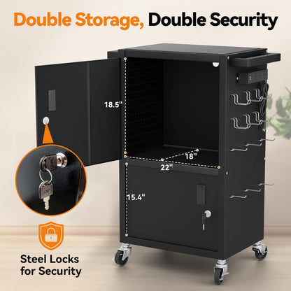 Jasdego Mobile AV Cart - Heavy Duty Computer Cart with 2 Cabinets, Rolling Media Cart with 4 Outlets & Pegboard & Hooks, Lock Brake Wheels Mobile Computer Workstation, Perfect for Home or Office