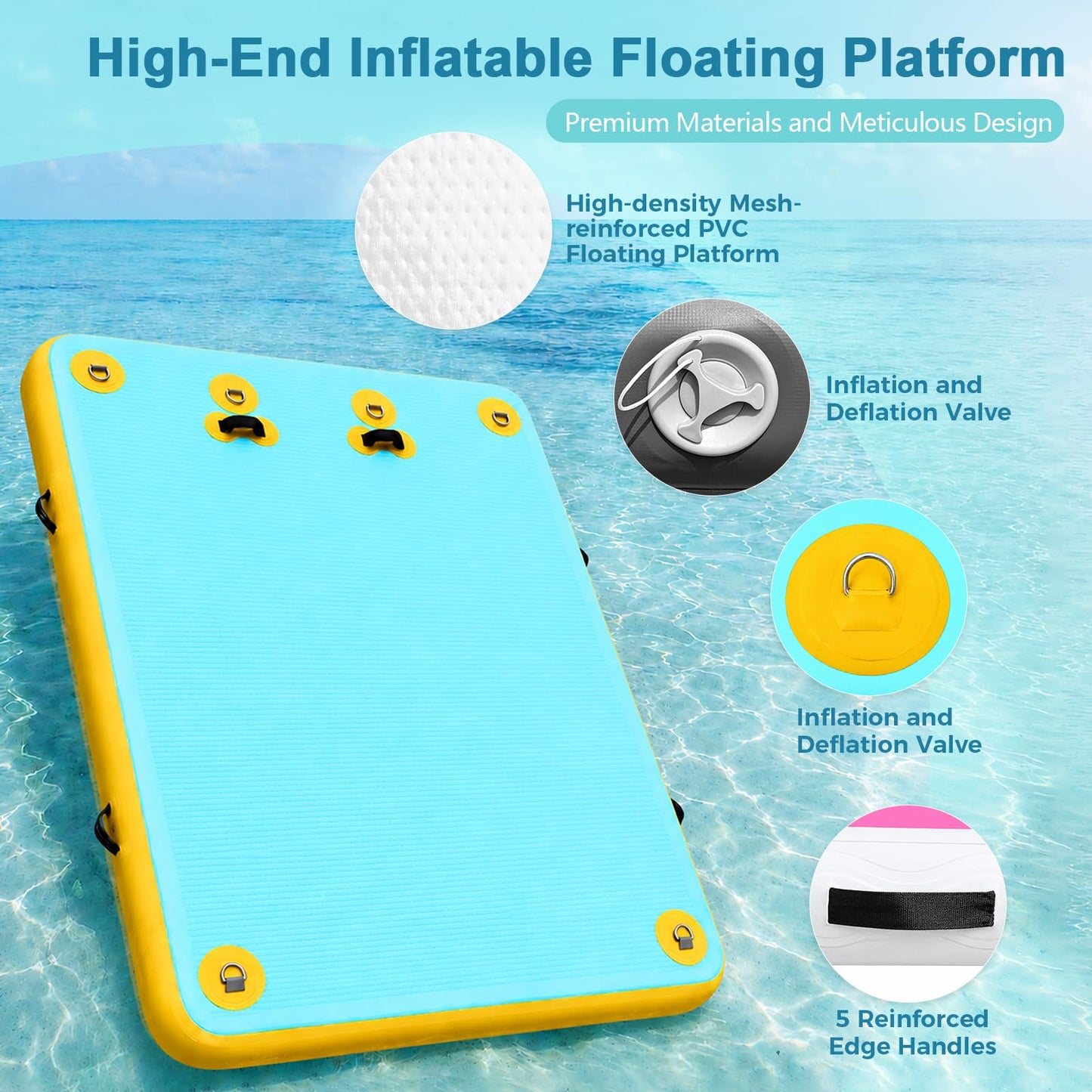 VEBESYET Inflatable Dock Water Platform, 5 x 6ft Multi-Person Inflatable Floating Island Raft for Family Party Beach Lake Boating Ocean