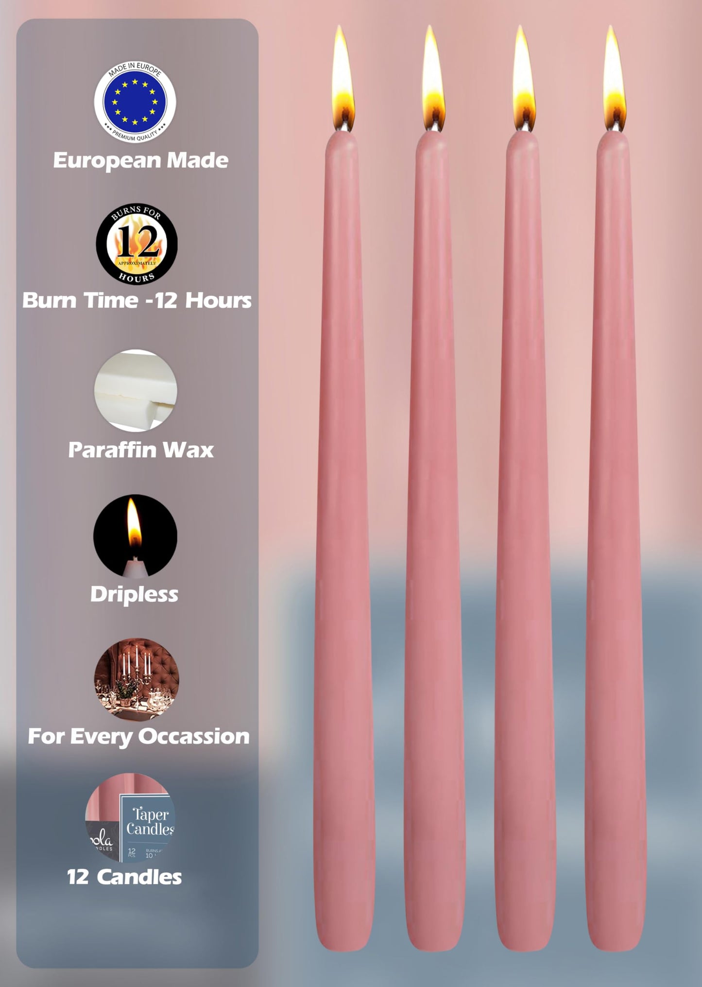 Hyoola 12 Pack Tall Taper Candles - 14 Inch Rose Pink Dripless, Unscented Dinner Candle - Paraffin Wax with Cotton Wicks - 12 Hour Burn Time