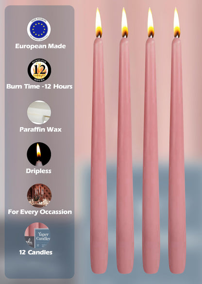 Hyoola 12 Pack Tall Taper Candles - 14 Inch Rose Pink Dripless, Unscented Dinner Candle - Paraffin Wax with Cotton Wicks - 12 Hour Burn Time