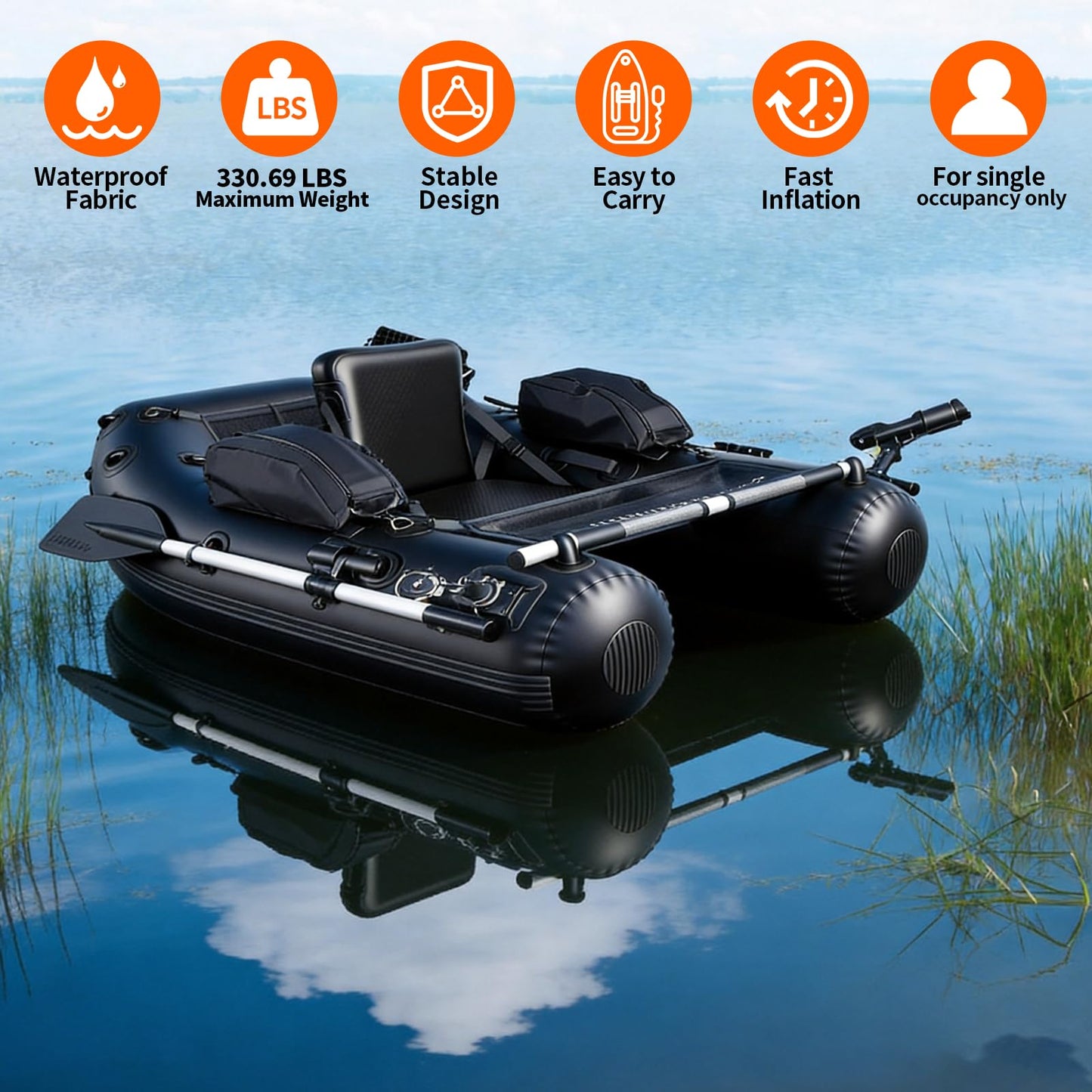 Xproutdoor Fishing Float Tube, Belly Boat Fishing with Pump, Fish Ruler, Adjustable Straps, Storage Pockets, 2 Oars, 2 Rod Holders, Motor Bracket Inflatable Float Tube for 330 LBS Load Capacity