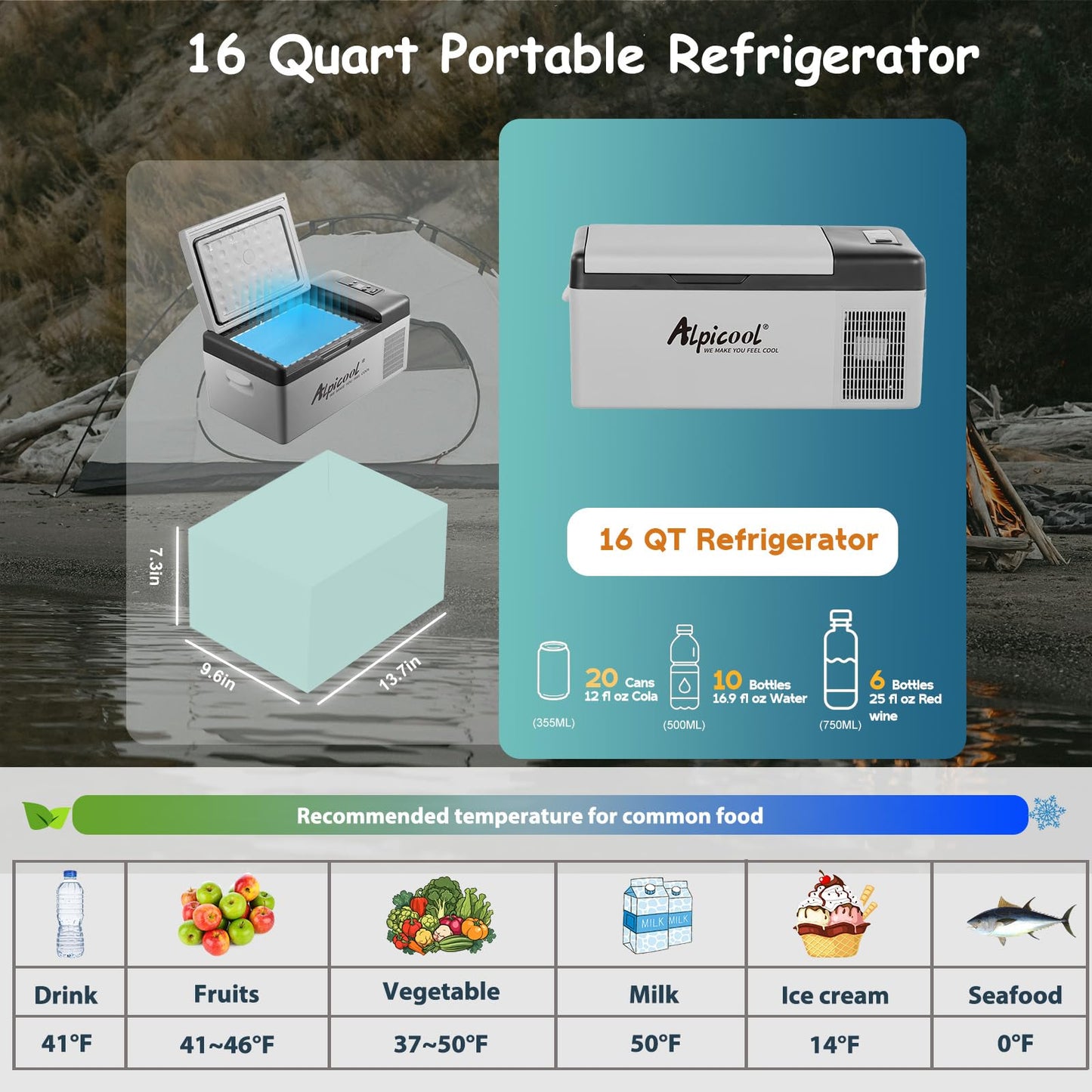 Alpicool C15 Portable Car Freezer,12 Volt Refrigerator, 16 Quart (15 Liter) Fast Cooling 12V Car Fridge -4℉~68℉, Car Cooler, 12/24V DC and 100-240V AC for Outdoor, Camping, RV, Truck, Boat