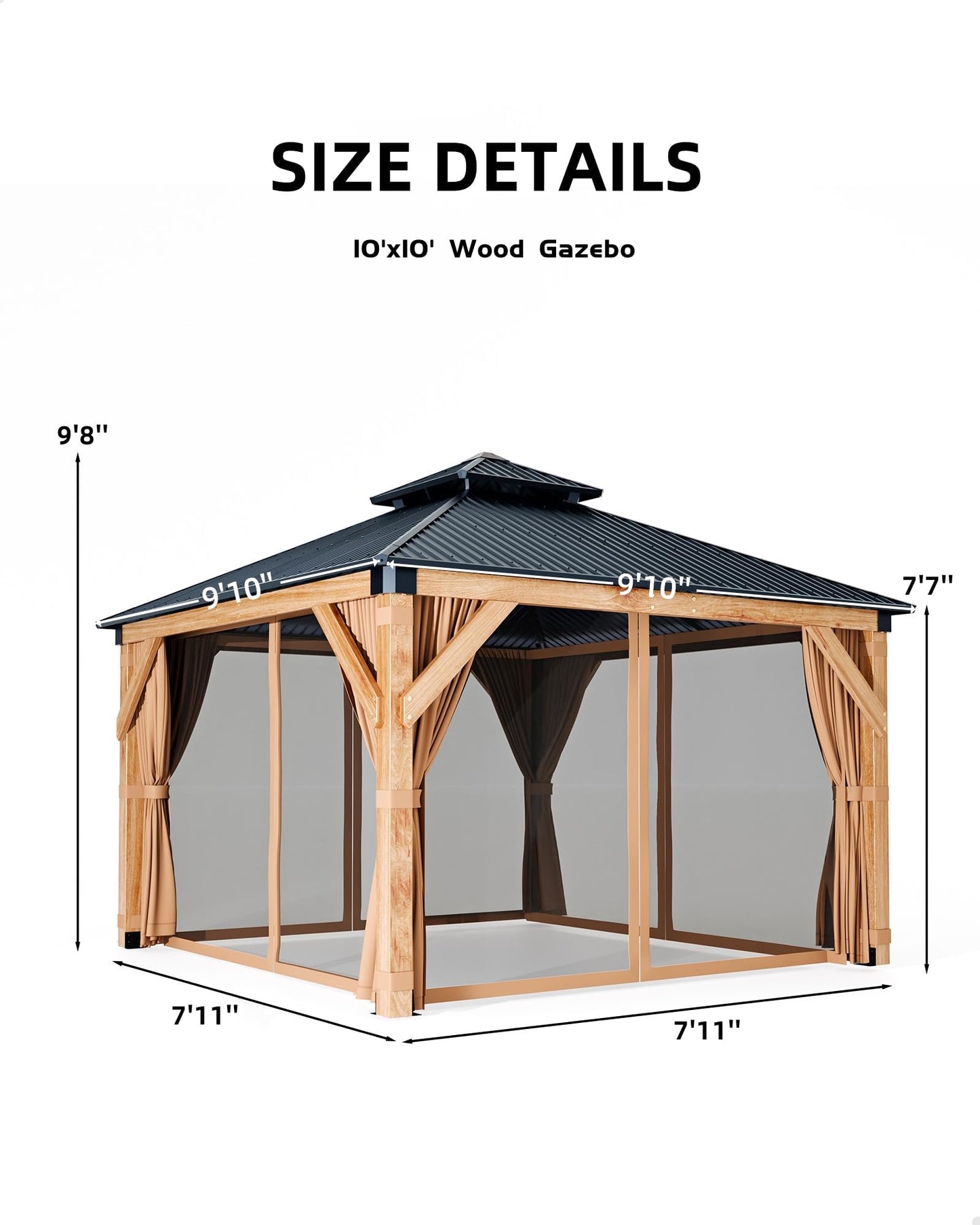 10x10 ft Wood Gazebo, Upgrade Spruce Frame and Double Galvanized Steel Roof, Hardtop Gazebo