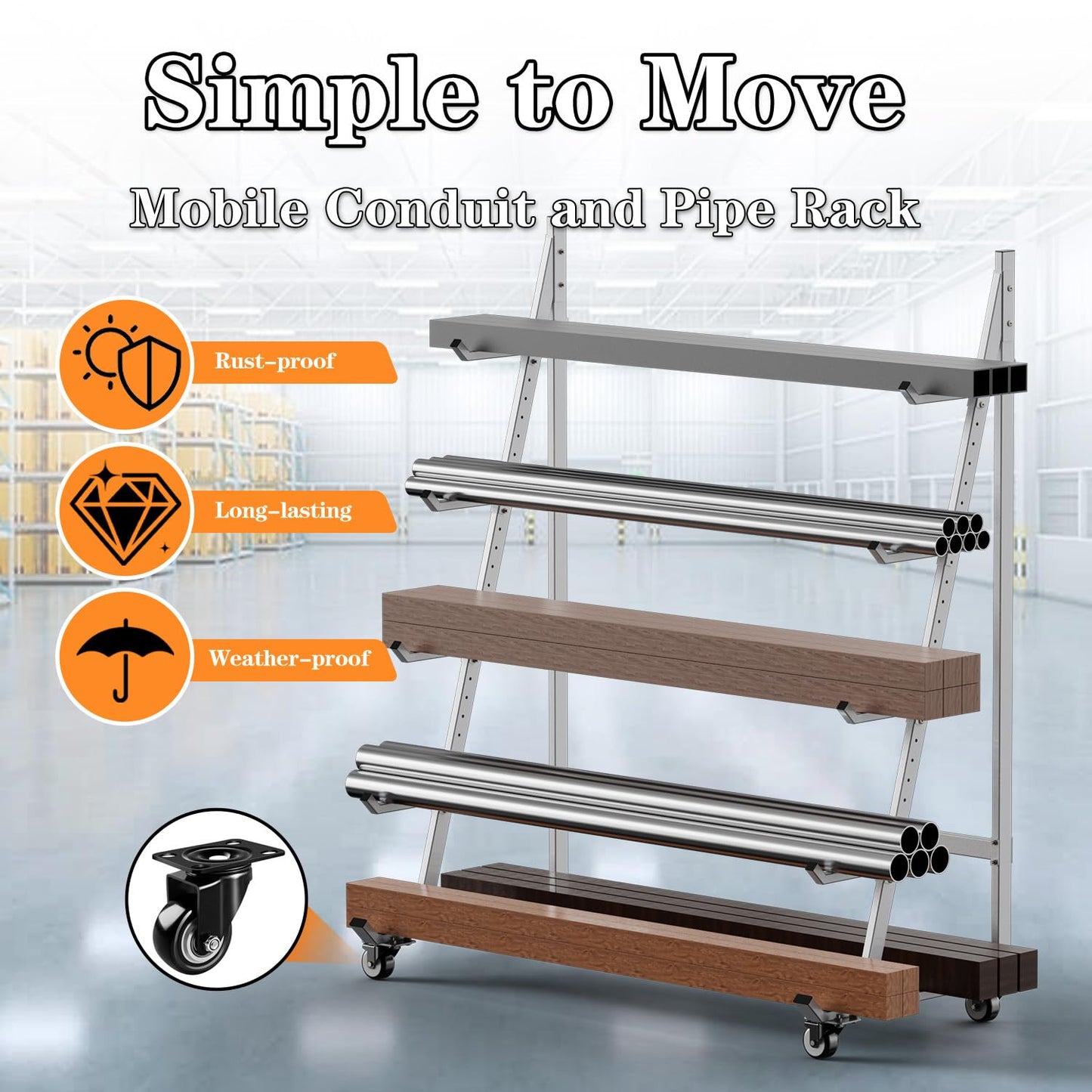 BUYYAH Heavy Duty Horizontal Storage Rack with 3 Inch Wheels 2 Fixed & 2 Swivel, Mobile Material Handling Conduit Pipe Rack Holds up to 1000lbs, 4.2ft x 2.1ft x 5.2ft