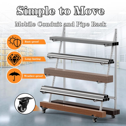 BUYYAH Heavy Duty Horizontal Storage Rack with 3 Inch Wheels 2 Fixed & 2 Swivel, Mobile Material Handling Conduit Pipe Rack Holds up to 1000lbs, 4.2ft x 2.1ft x 5.2ft