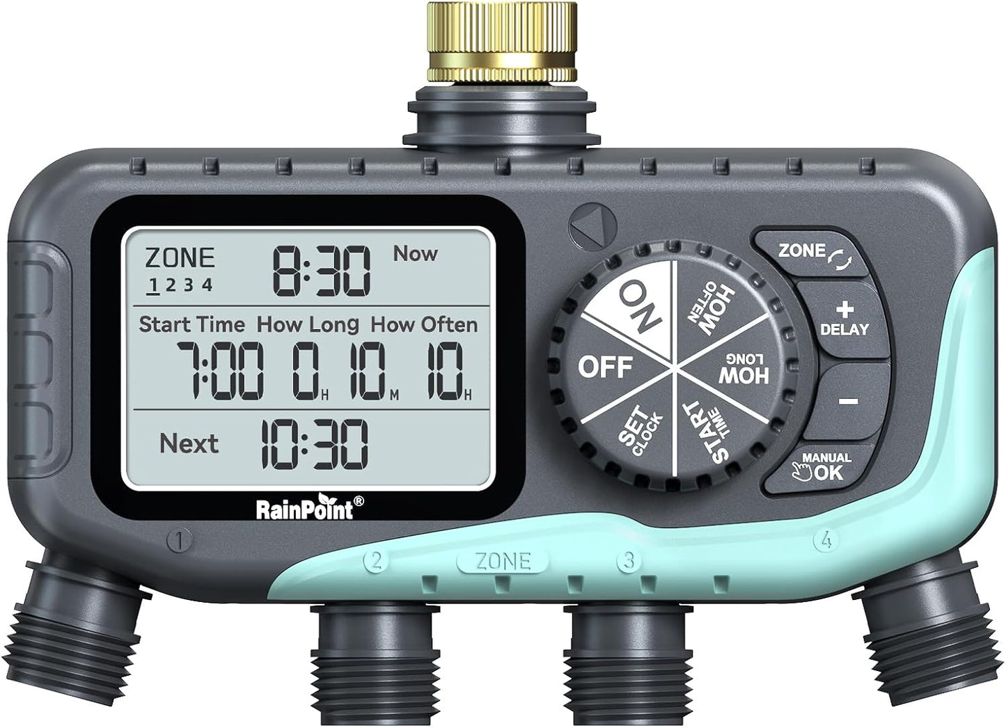 RAINPOINT 4-Zone Sprinkler Timer - Digital Watering System with Rain Delay & Manual Control for Garden Hose