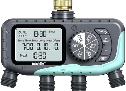 RAINPOINT 4-Zone Sprinkler Timer - Digital Watering System with Rain Delay & Manual Control for Garden Hose