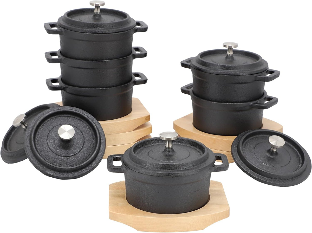 MegaChef Cast Iron Mini Dutch Oven - 8 Ounce Cookware with Wood Tray | Versatile Bakeware & Serveware Set