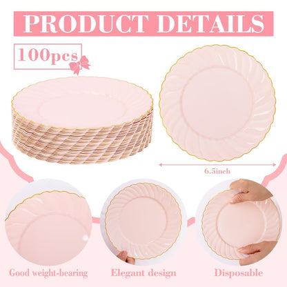 YOUBET 100 Pack Pink Scalloped Plastic Plates - 6.5 Inch Pink Disposable Plates - High End Elegant Vintage Dessert Plate for Party & Weeding & Birthday