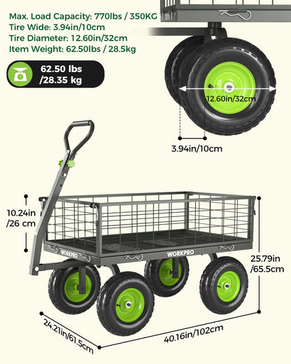 WORKPRO Large Heavy Duty Garden Cart 770 lb, 2-in-1 Convertible Utility Wagon with Removable Sides, 180° Tow Handle for ATV or Lawn Tractor, 270° Steering, Extra Large Yard Cart with All Terrain Tires
