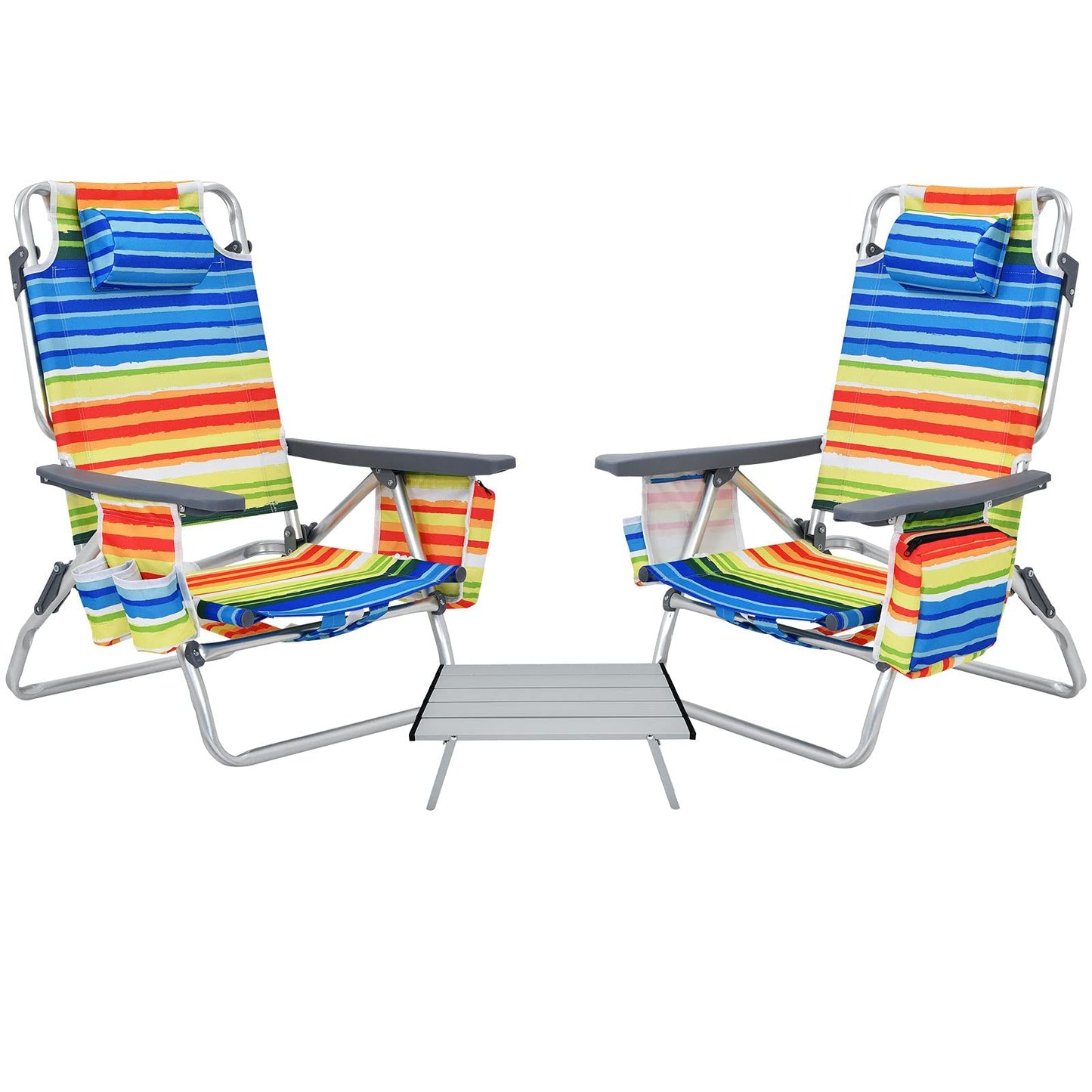 Giantex Folding Camping Chair, 3 PCS Beach Chair and Aluminum Table Set, Patio Sling Chairs with 5 Adjustable Position, Backpack Lawn Chair for Fishing, Travelling, Sunbathing Chairs Set