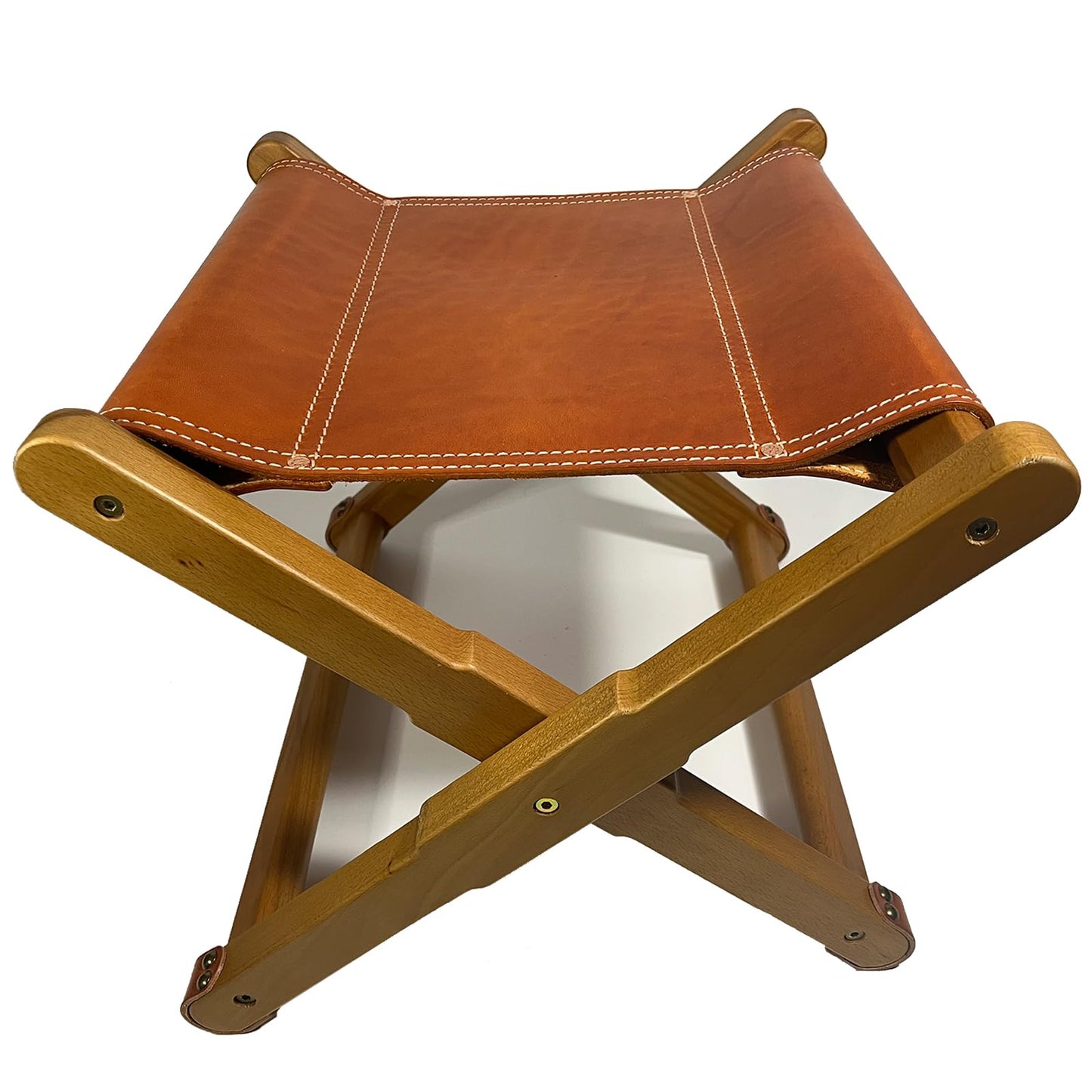 KIDENEI Foldable Leather Stool, Portable Beech Wood Artist Folding Stool, Italian Top Vegetable Tanned Leather Seat, Home Fashion Genuine Leathers Director’s Stools for Home Outdoor Camping Fishing