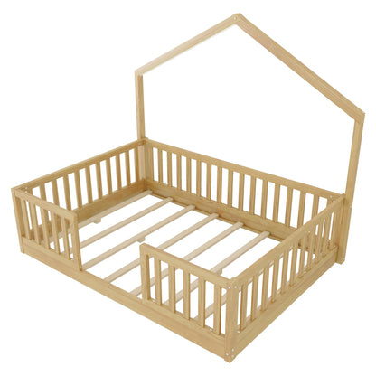 KEIKI Full House Shaped Floor Bed, Kids Montessori Platform Bed Frame with Light & Tall Rails, Solid Beds Frames Full-Size for Boys Girls Bedroom, No Box Spring Needed, Easy Assembly, Brown