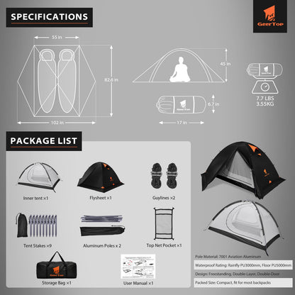 GEERTOP 2 Person 4 Season Blackout Camping Tent - Sleep in Darkroom, Waterproof Rainfly, Snow Skirt, Lightweight Aluminum Pole, Easy Setup for Hiking, Mountaineering, Family Camp