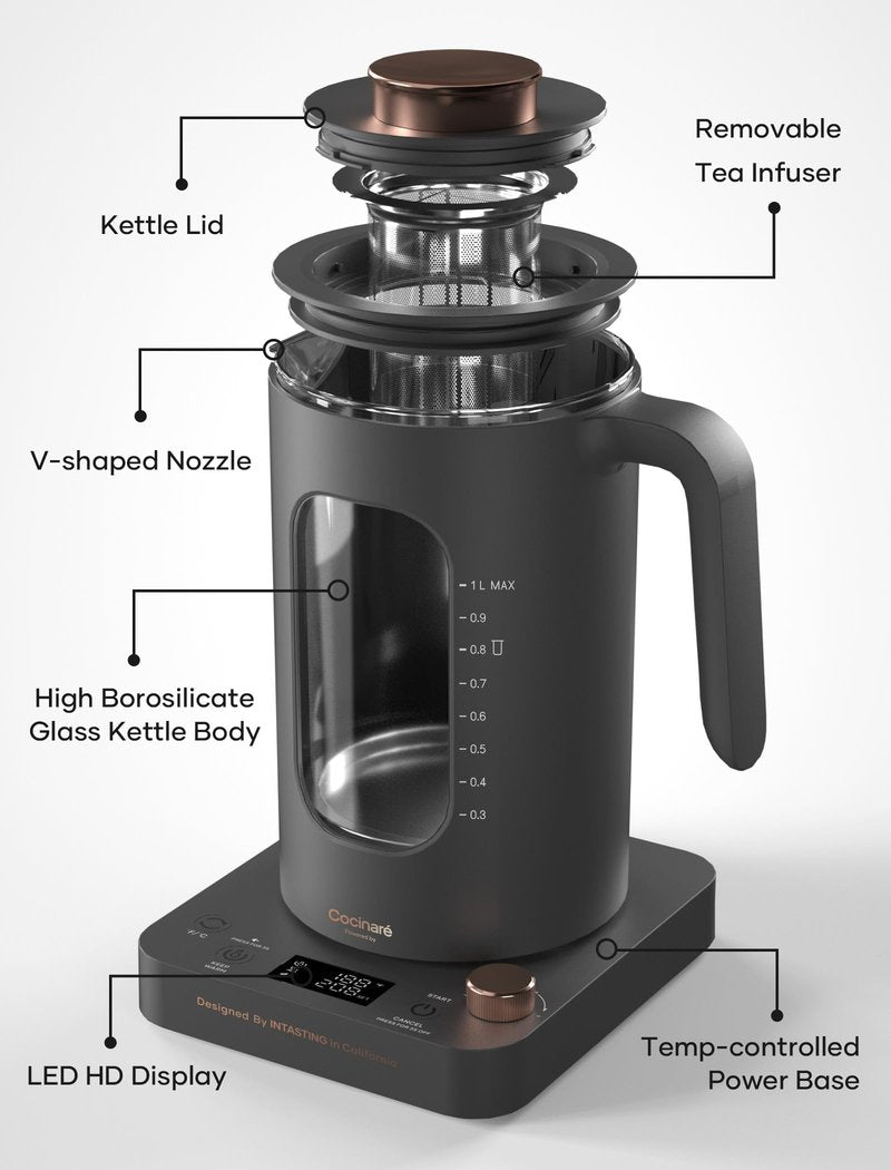 Electric Tea Kettle, INTASTING Glass Electric Kettle with tea Infuser and Precise knob temperature control, 1200W Fast Heating, BPA-Free, Easy to Clean, 1 Liter (Dark Gray)
