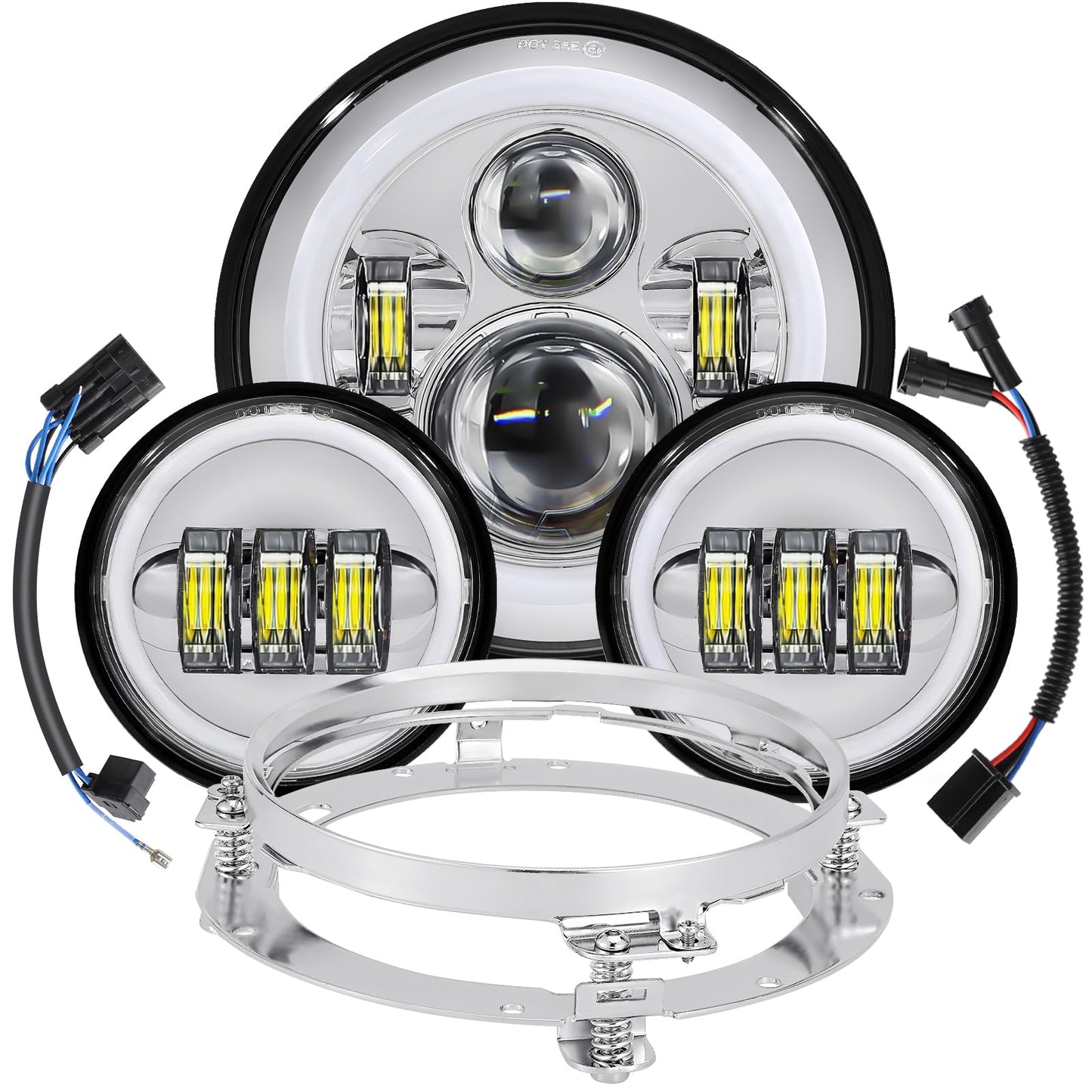 kekykm 7 Inch Motorcycle LED Headlight 4.5" Fog Passing Light Assembly for Harley Touring Softail Deluxe Road King Street Glide Road Glide Ultra Limited Tri Tour Models DRL Halo Ring Angel Eye Chrome