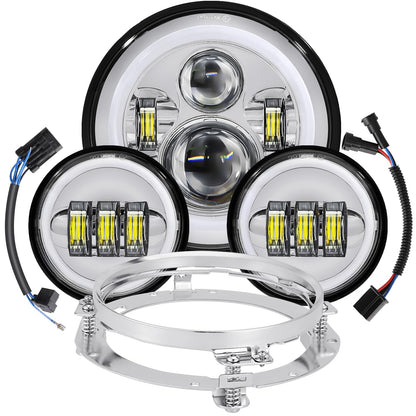 kekykm 7 Inch Motorcycle LED Headlight 4.5" Fog Passing Light Assembly for Harley Touring Softail Deluxe Road King Street Glide Road Glide Ultra Limited Tri Tour Models DRL Halo Ring Angel Eye Chrome