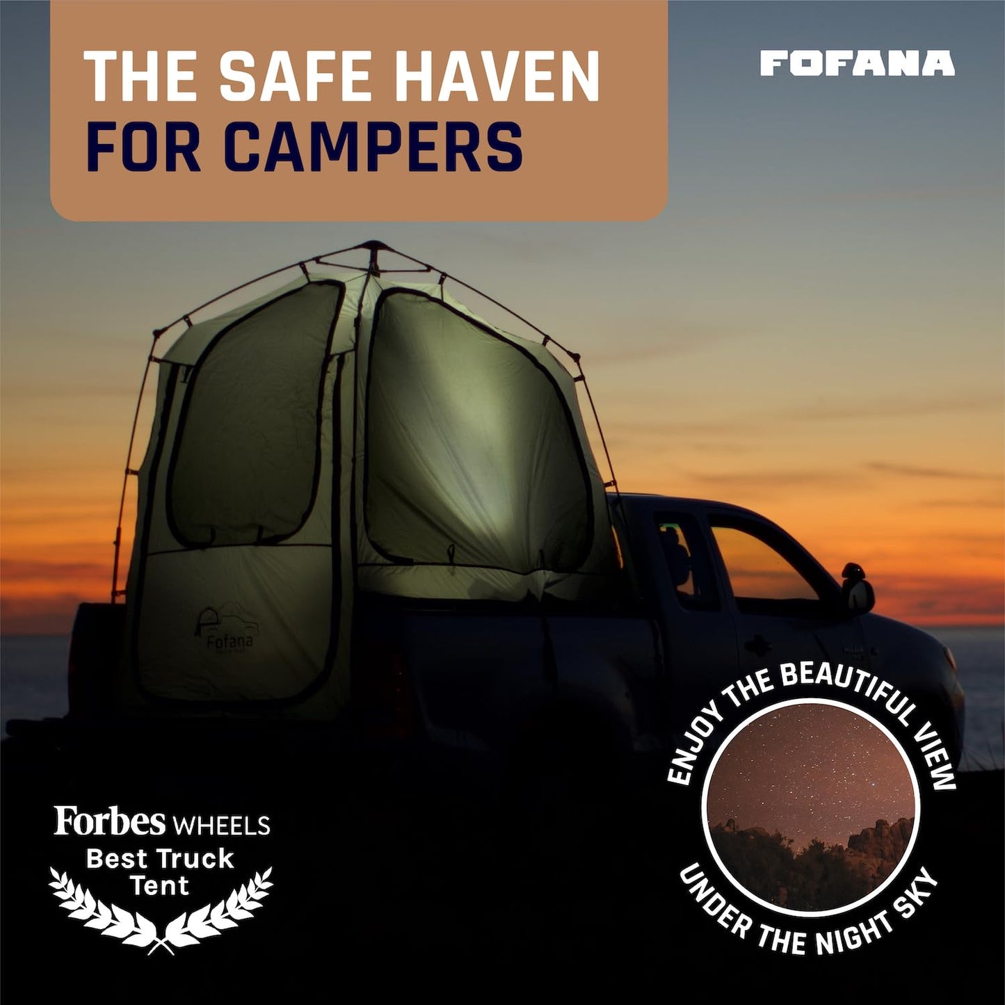 Fofana Pop-Up Truck Bed Tent - Mid-Size, 2-Person, Gray - Quick Setup Pop-Up Tent for Camping - Waterproof Sewn-in Floor & Camping Gear Organization - Mesh Windows & Ventilation for Truck Bed Dome
