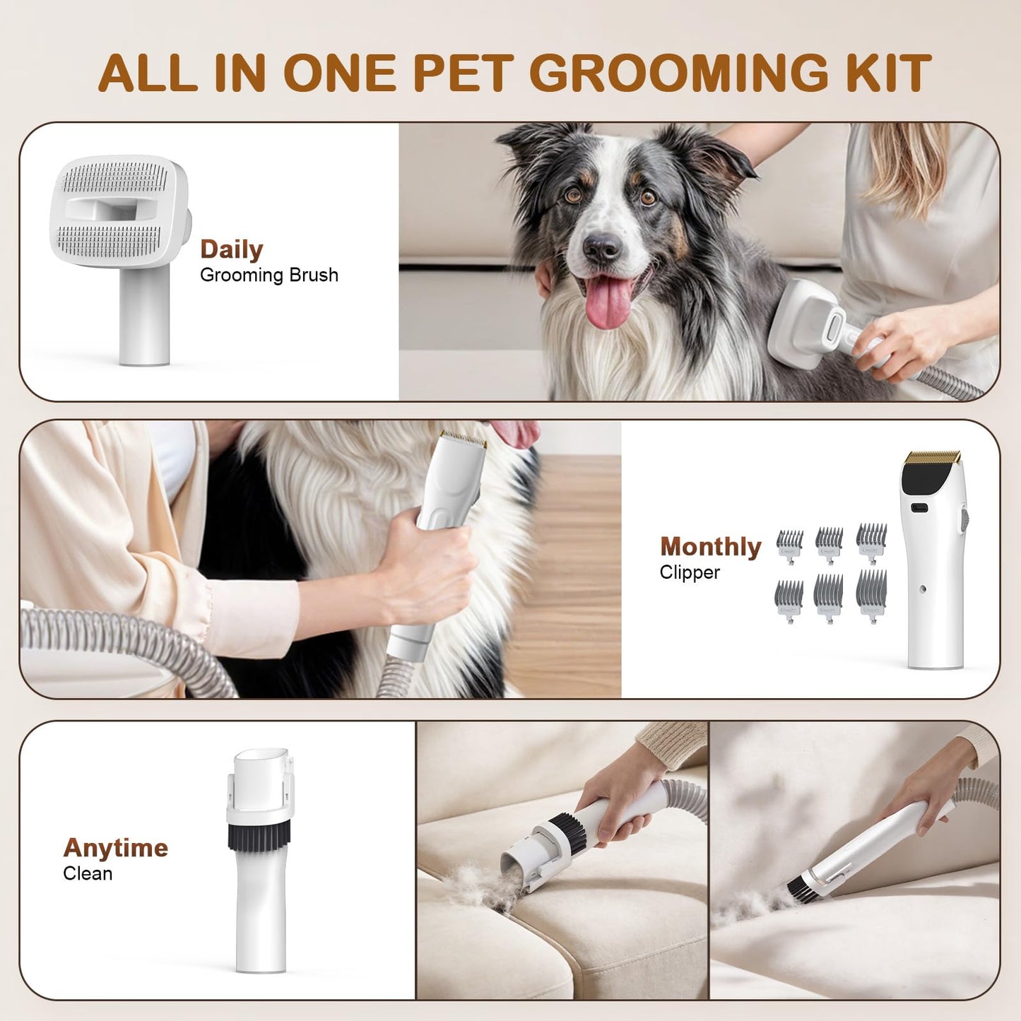 Ozumek Dog Grooming Vacuum, Dog Grooming Kit, 3 Suction Modes Dog Brush Vacuum with 5 Pet Grooming Tools (Alabaster)