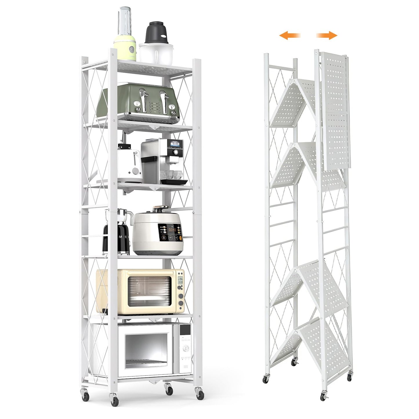 Yuanjimi 6-Tier Foldable Storage Shelves with Wheels, Folding Metal Shelf Unit, Folding Bookshelf no Assembly, Collapsible Shelves for Craft Shows for Kitchen, Bedroom, Living Room, White